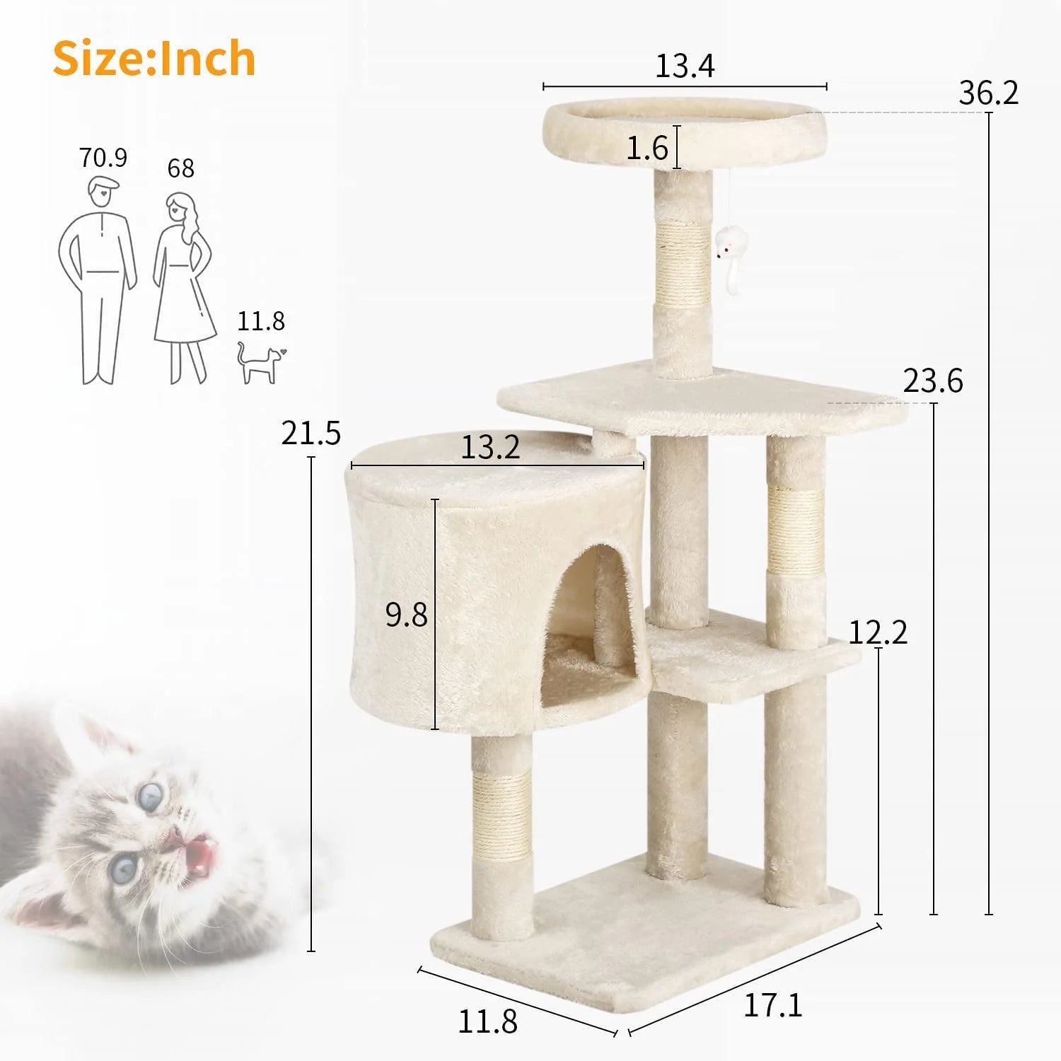 36 Inch Tall Cat Tree Cat Tower Cat Condo Multi-Level,Beige